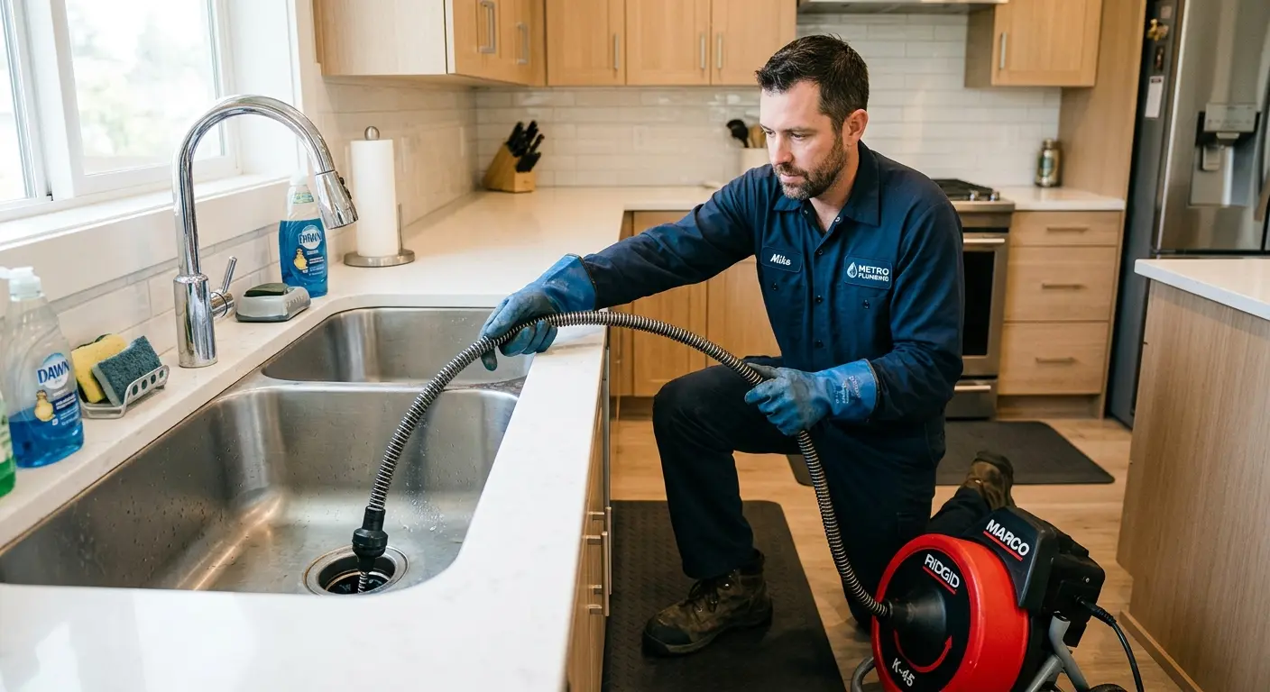 Drain cleaning technician using a motorized snake on a kitchen sink in Stillwater