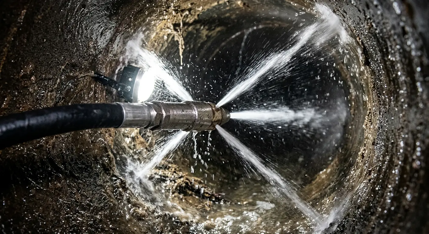 High-pressure hydro jetting nozzle cleaning sewer pipe for Trenchless Sewer Repair in Stillwater